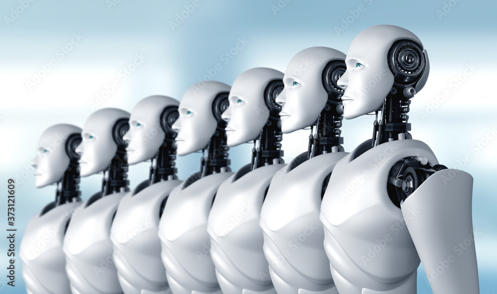 Aufkleber 3d illustration of robot humanoid group in concept of future artificial intelligence and 4th fourth 