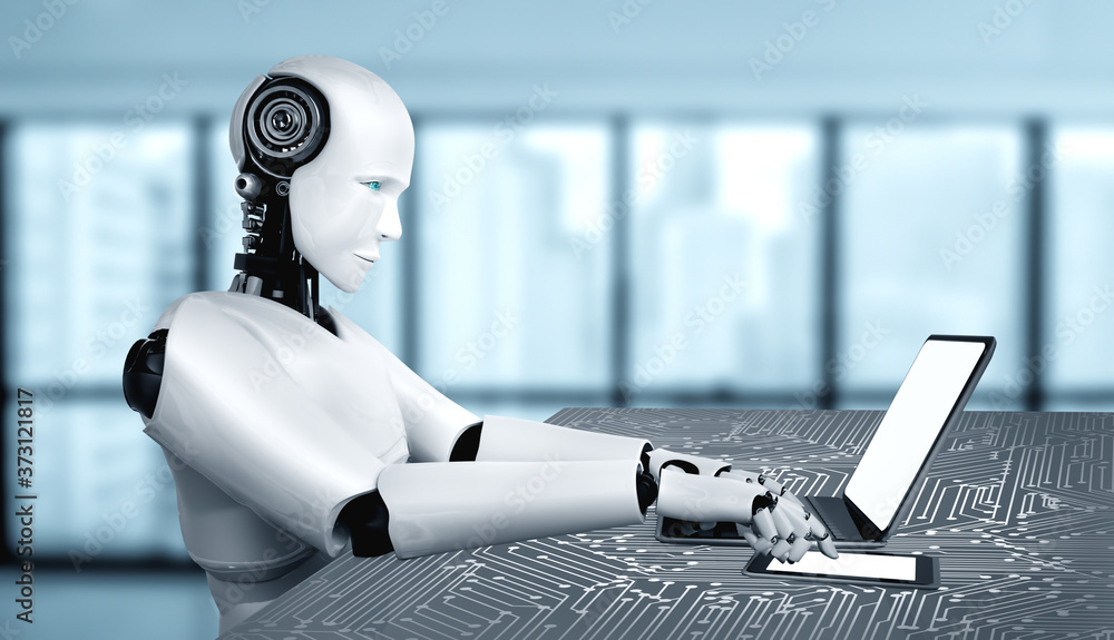 Poster robot humanoid use laptop and sit at table in future office while using ai thinking brain , artifici