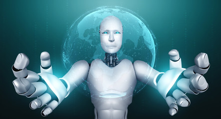 AI humanoid robot holding hologram screen shows concept of global communication network using artificial intelligence thinking by machine learning process. 3D illustration computer graphic.