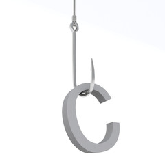 3D illustration of letter caught on a fish hook