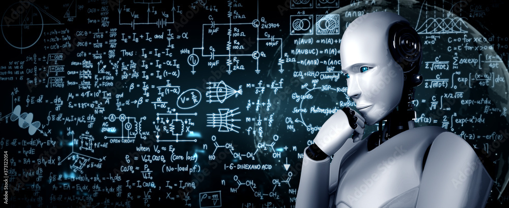 Poster thinking ai humanoid robot analyzing screen of mathematics formula and science equation by using art