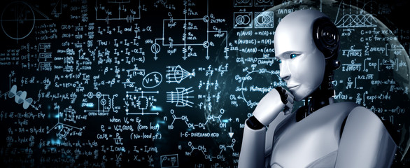 Thinking AI humanoid robot analyzing screen of mathematics formula and science equation by using...
