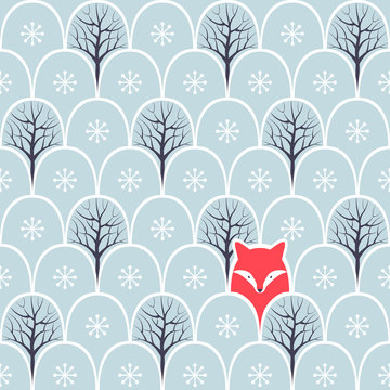 Fox in a forest seamless pattern. Vector design background.