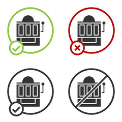 Black Slot machine icon isolated on white background. Circle button. Vector Illustration.