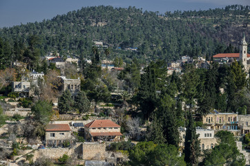Fototapeta na wymiar View of Ein-Kerem, a beautiful tranquil village and neighborhood in the west of Jerusalem, as seen from the Church of Visitation, Jerusalem, Israel.