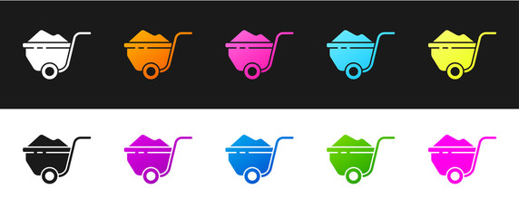Set Wheelbarrow with dirt icon isolated on black and white background. Tool equipment. Agriculture cart wheel farm. Vector Illustration.