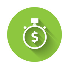 White Time is money icon isolated with long shadow. Money is time. Effective time management. Convert time to money. Stopwatch. Green circle button. Vector Illustration.