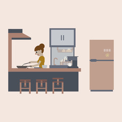 Smiling woman cook happily in the kitchen consist of electric stove, hood, kitchenware ,sink, coffee maker and refrigerator. Cartoon vector illustration, flat design.
