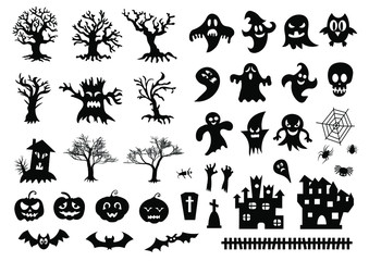 Set of silhouettes of Halloween on a white background. Vector illustration	