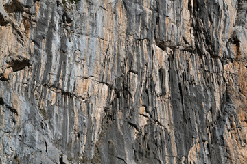 Abstract Close-up Image of Limestone Rockface with Vertical Weathered Grooves and Heavy Linear...