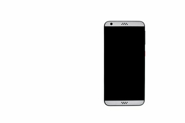 An unmarked smartphone with a black screen lies on the right against a white background