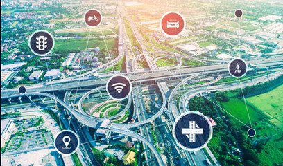 Smart transport technology concept for future car traffic on road . Virtual intelligent system makes digital information analysis to connect data of vehicle on city street . Futuristic innovation .