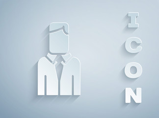 Paper cut Worker icon isolated on grey background. Business avatar symbol user profile icon. Male user sign. Paper art style. Vector.