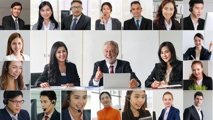 Business people group meeting in video conference on laptop monitor view. Online seminar...