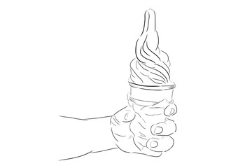 Simple Hand Draw Sketch, Hand Holding Strawberry Ice Cream Cone, isolated on white

