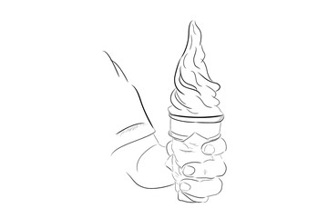 Simple Hand Draw Sketch, Hand Holding Strawberry Ice Cream Cone, isolated on white
