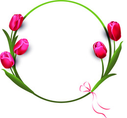 Wreath of spring tulips, floral round frame, decorative design, vector illustration