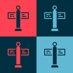 Pop art Road traffic sign. Signpost icon isolated on color background. Pointer symbol. Street information sign. Direction sign. Vector.