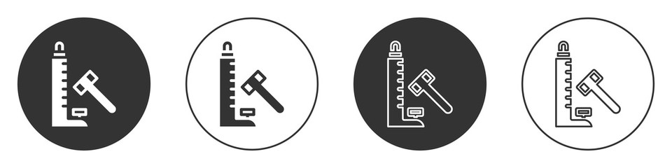 Obraz premium Black High striker attraction with big hammer icon isolated on white background. Attraction for measuring strength. Amusement park. Circle button. Vector.