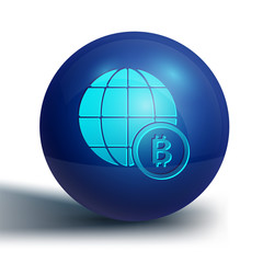 Blue Globe and cryptocurrency coin Bitcoin icon isolated on white background. Physical bit coin. Blockchain based secure crypto currency. Blue circle button. Vector.