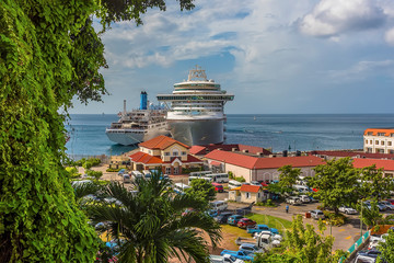 A view towards the cruise terminal from the steps leading up to Fort St George in Grenada
