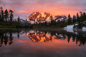 sunset over the lake in Mt Baker Wilderness Washington