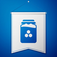 Blue Jar of honey icon isolated on blue background. Food bank. Sweet natural food symbol. White pennant template. Vector.