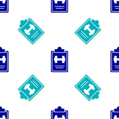 Blue Sport training program or fitness plan icon isolated seamless pattern on white background. Vector.