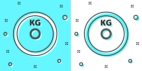 Black line Weight plate icon isolated on green and white background. Equipment for bodybuilding sport, workout exercise and fitness. Random dynamic shapes. Vector.