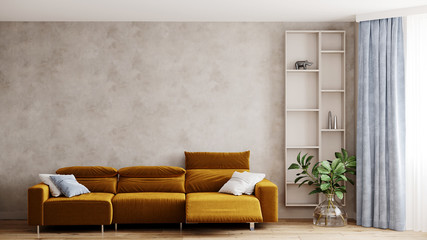 Modern living room with yellow mustard sofa. Beige stucco plaster wall without frame. plant and shelves. Blue ellements