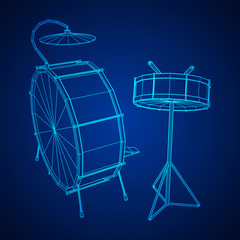Fototapeta na wymiar Musical instruments set. Rock band drum kit. Percussion musical instrument drums, stick and cymbal. Wireframe low poly mesh vector illustration.