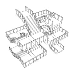 Wireframe stairs, interior staircases steps with railing. Wireframe low poly mesh vector illustration.