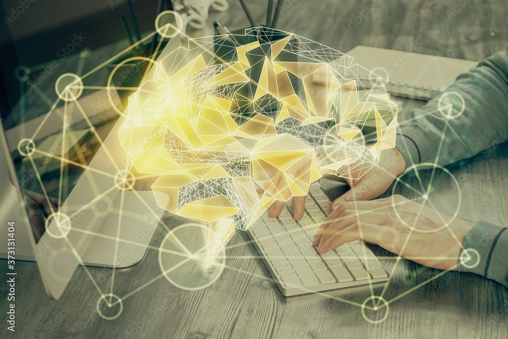 Poster Man with computer background with brain theme hologram. Concept of brainstorm. Double exposure.