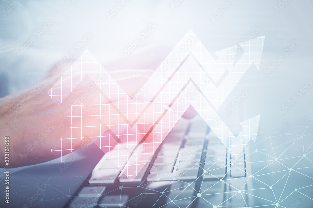 Aufkleber growing arrows with businessman working on computer on background. success concept. double exposure.