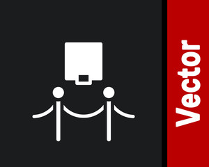 White Picture frame and rope barrier icon isolated on black background. Exhibit protection. Museum gallery interior. Vector.