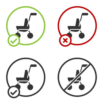 Black Baby stroller icon isolated on white background. Baby carriage, buggy, pram, stroller, wheel. Circle button. Vector.