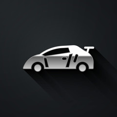 Silver Sport racing car icon isolated on black background. Long shadow style. Vector.