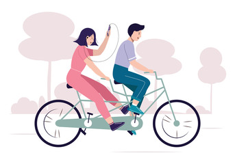 Tandem bike with happy couple. Smiling guy and girl enjoying cycling. Riding bicycle in the park. Walking, sports, traveling. Young woman listens to music. Active lifestyle. Vector illustration