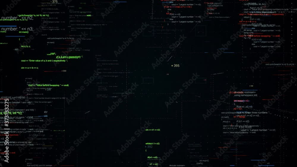 Poster abstract flight through moving computer code on black background with 3d effect. animation. lines of