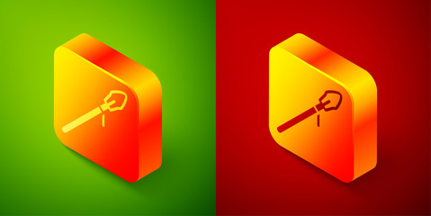 Isometric Medieval spear icon isolated on green and red background. Medieval weapon. Square button. Vector.