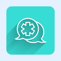 White line Dialogue with the doctor icon isolated with long shadow. Doctor and patient dialog. Consulting about medical health services. Green square button. Vector Illustration.