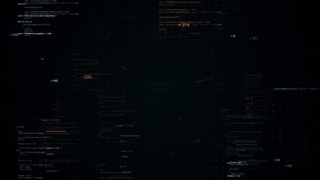 Abstract flight through moving computer code on black background with 3D effect. Animation. Lines of written code, futuristic software and informational era concept.