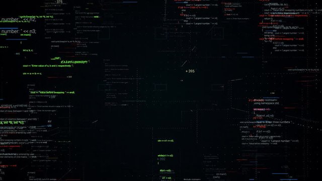 Abstract flight through moving computer code on black background with 3D effect. Animation. Lines of written code, futuristic software and informational era concept.