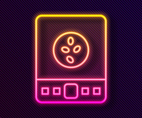 Glowing neon line Electronic coffee scales icon isolated on black background. Weight measure equipment. Vector Illustration.