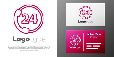 Logotype line Telephone 24 hours support icon isolated on white background. All-day customer support call-center. Full time call services. Logo design template element. Vector Illustration.
