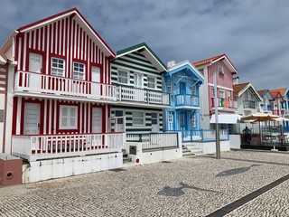 Fototapeta na wymiar Typical wooden striped houses Costa Nova, Aveiro, Portugal
