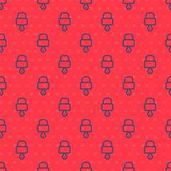 Blue line Lock and key icon isolated seamless pattern on red background. Padlock sign. Security, safety, protection, privacy concept. Vector Illustration.