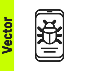 Black line System bug on mobile icon isolated on white background. Code bug concept. Bug in the system. Bug searching. Vector.