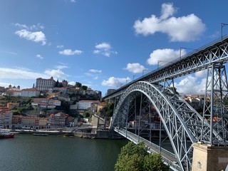 View on ancient city Porto,metallic Dom Luis bridge, Ribeira, Porto, Portugal