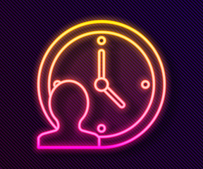 Glowing neon line Time Management icon isolated on black background. Clock and gear sign. Productivity symbol. Vector.